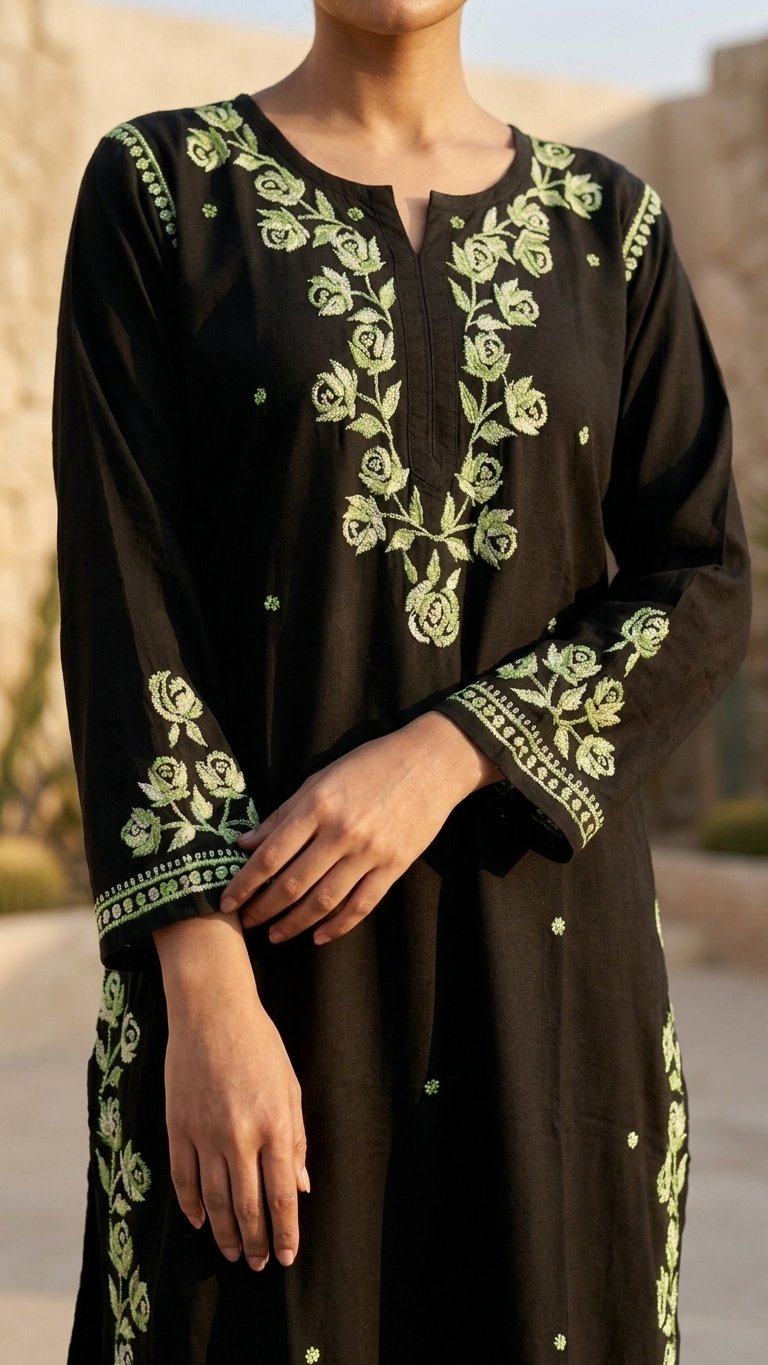Rayon Black Forest Embroidered Kurti Set