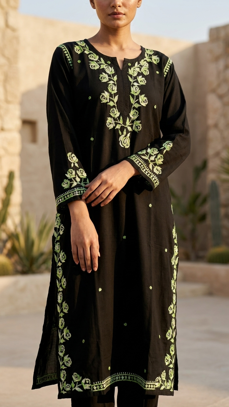 Rayon Black Forest Embroidered Kurti Set